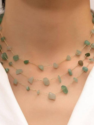 Gradient Metal Button Natural Stone Chip Necklace
