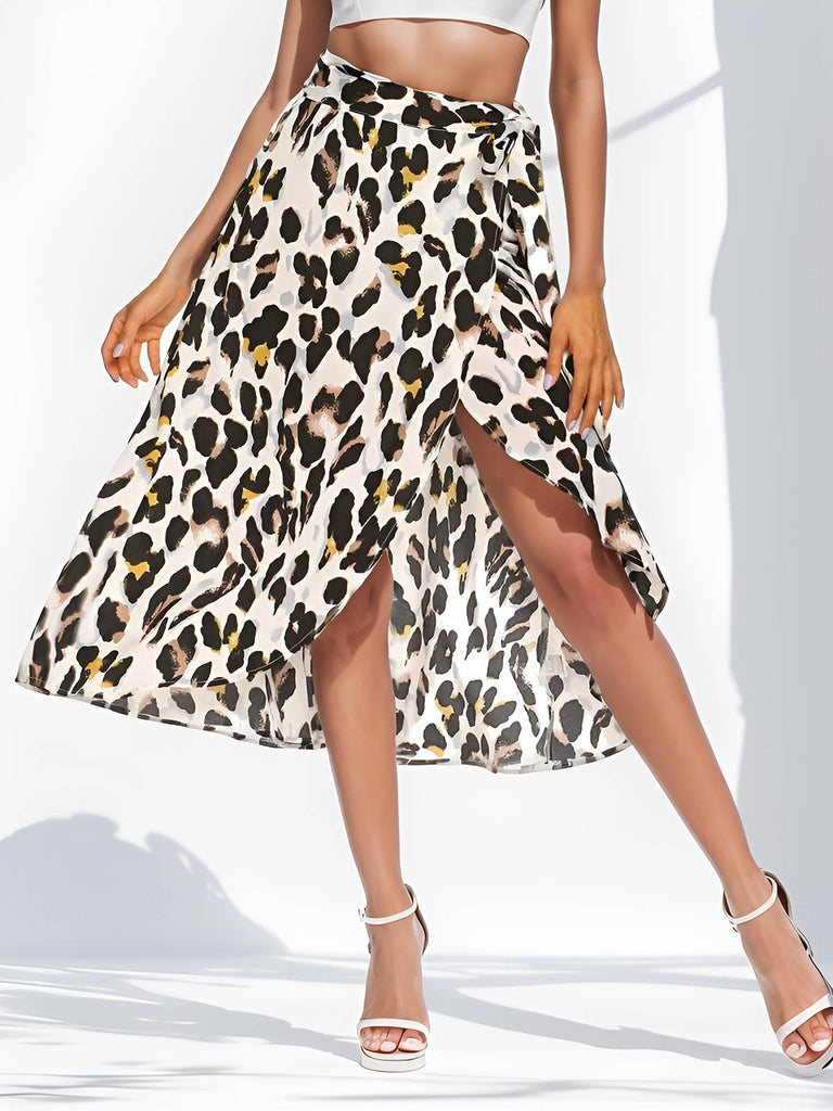 1970s Boho Leopard Slit High Low Midi Wrap Skirt