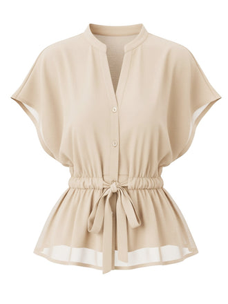 Beige 1940s Wrinkle V-neck Short Sleeve Blouse
