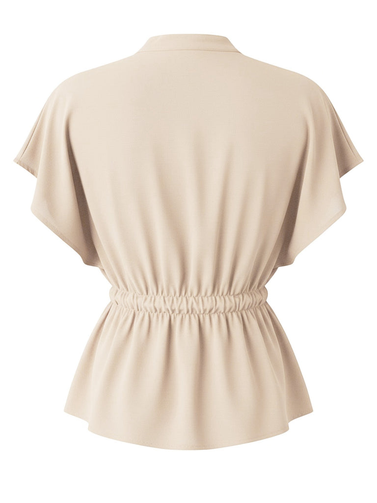 Beige 1940s Wrinkle V-neck Short Sleeve Blouse