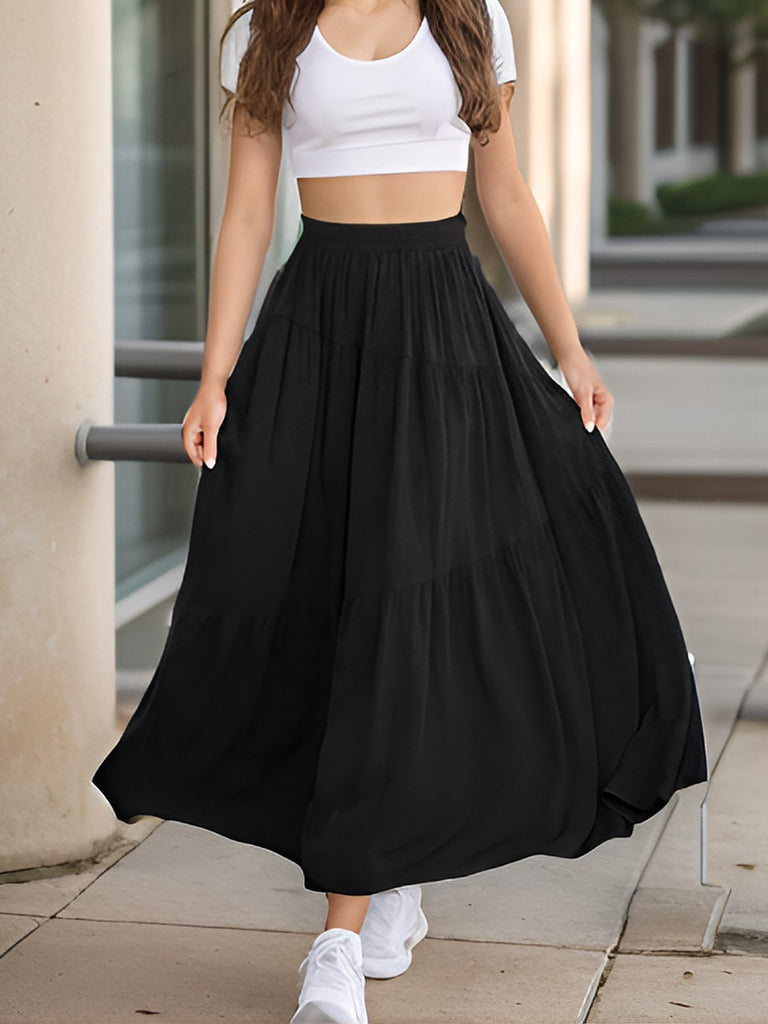 1970s Solid Boho Ruched A-Line Maxi Skirt