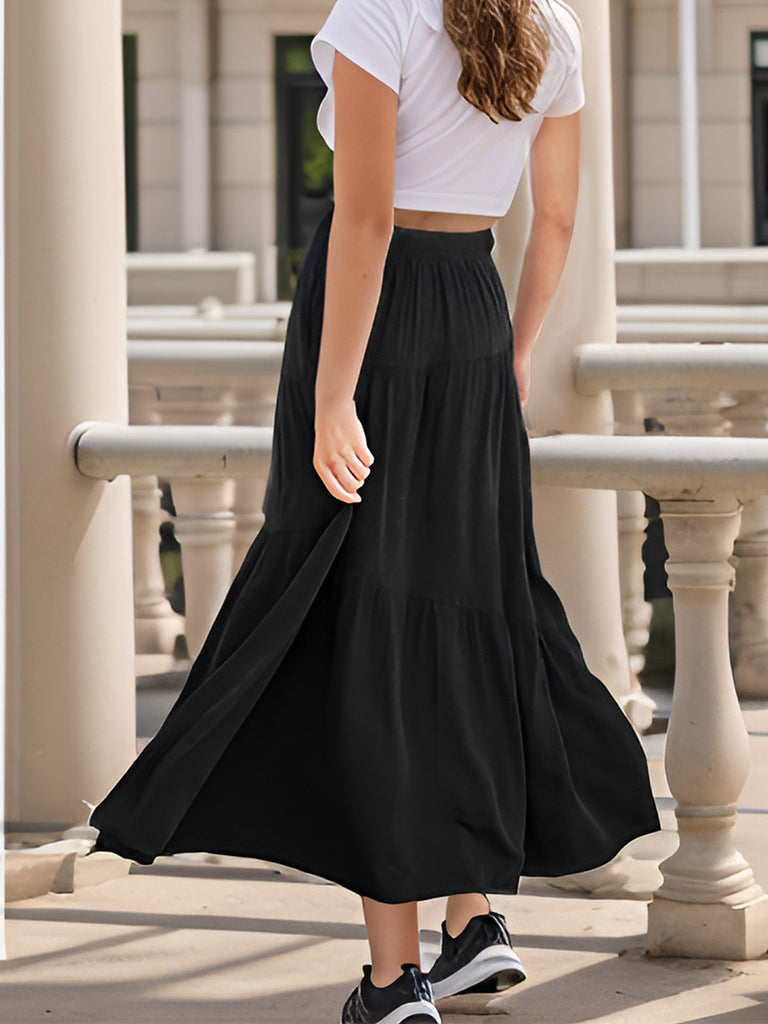 1970s Solid Boho Ruched A-Line Maxi Skirt