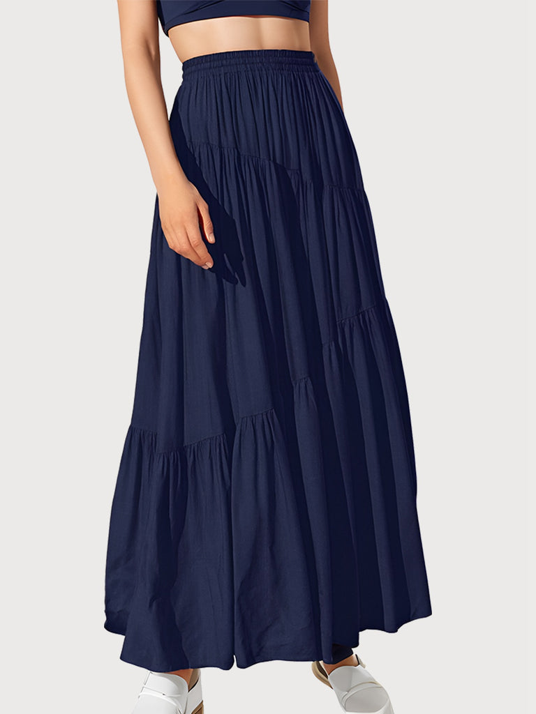 1970s Solid Boho Ruched A-Line Maxi Skirt