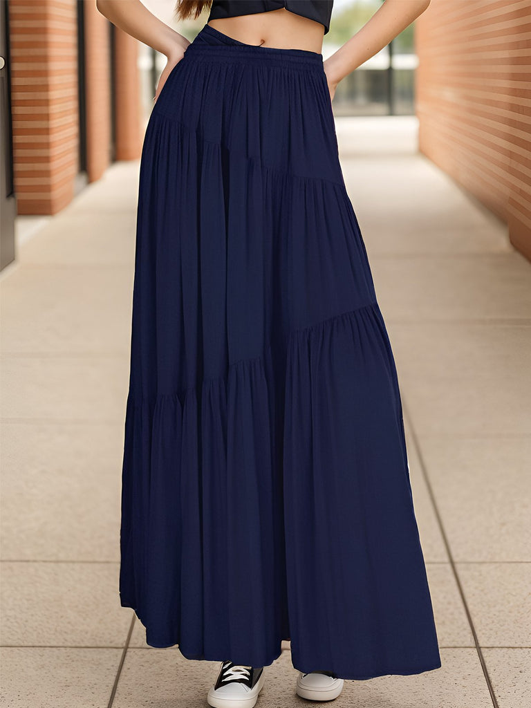 1970s Solid Boho Ruched A-Line Maxi Skirt