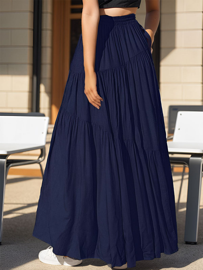 1970s Solid Boho Ruched A-Line Maxi Skirt