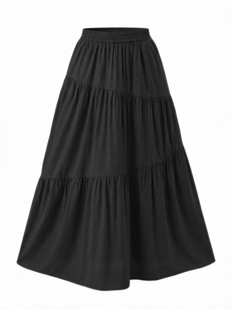 1970s Solid Boho Ruched A-Line Maxi Skirt