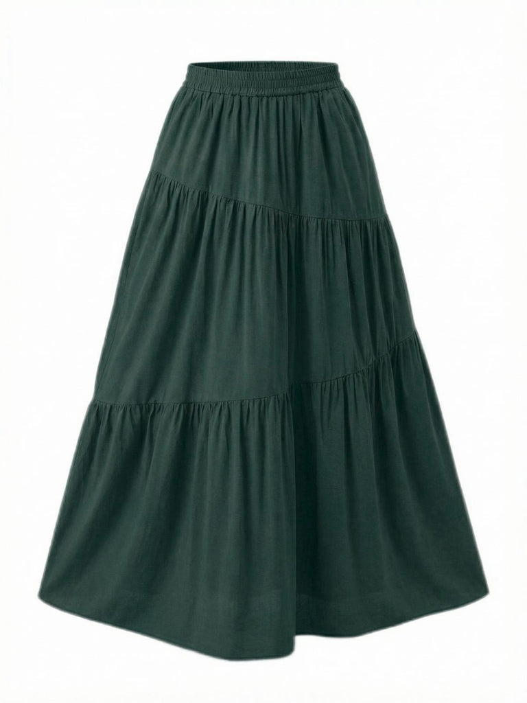 1970s Solid Boho Ruched A-Line Maxi Skirt