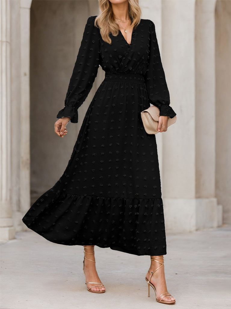 1940s Wrinkle V-Neck Lantern A-Line Dress