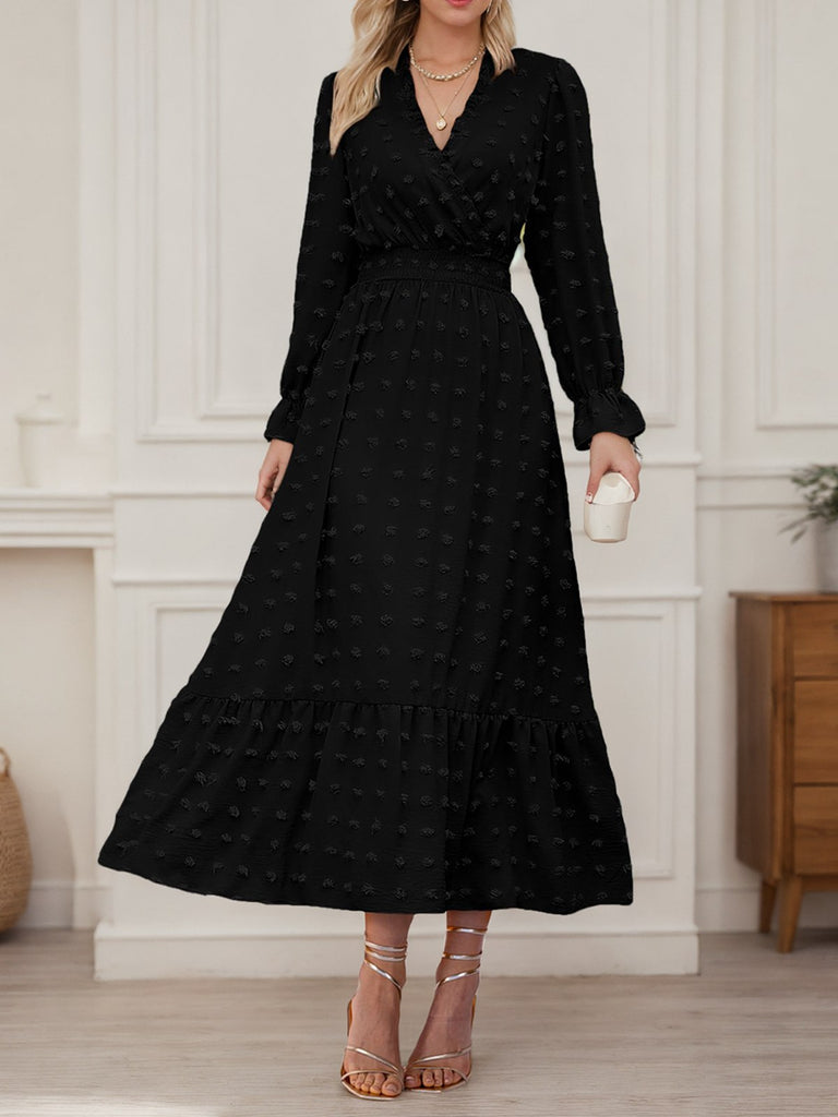 1940s Wrinkle V-Neck Lantern A-Line Dress