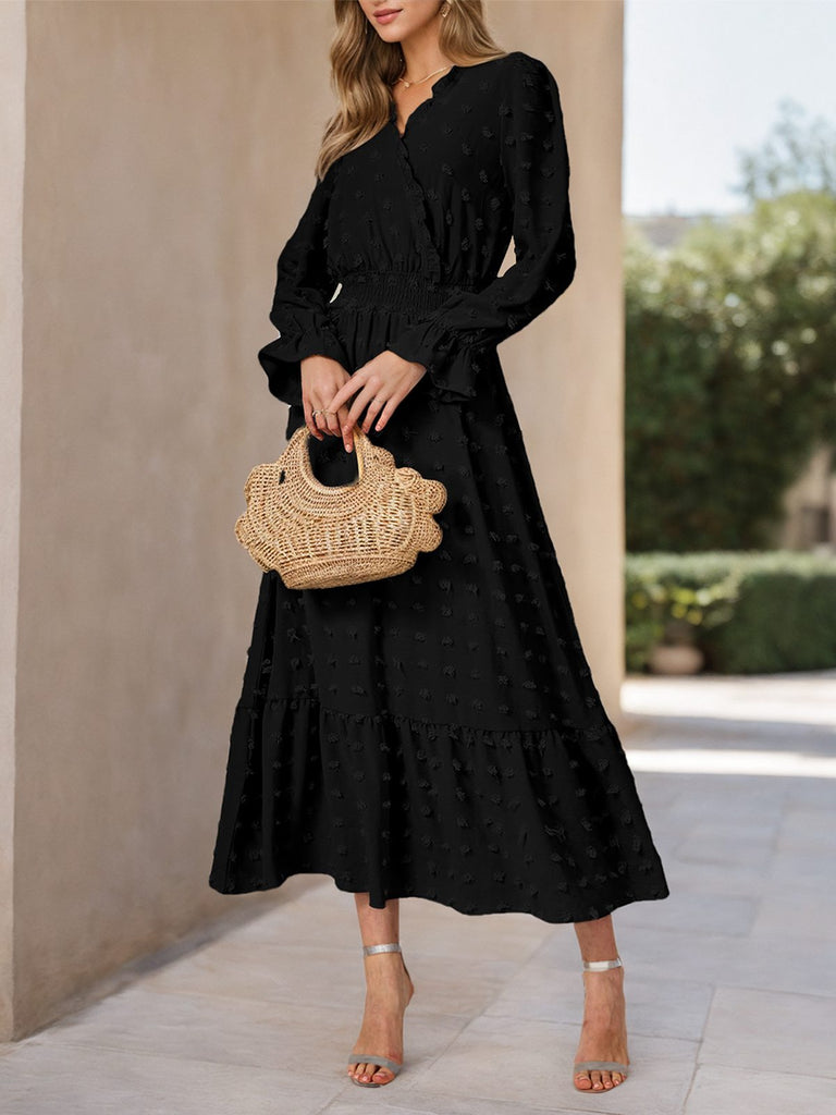 1940s Wrinkle V-Neck Lantern A-Line Dress