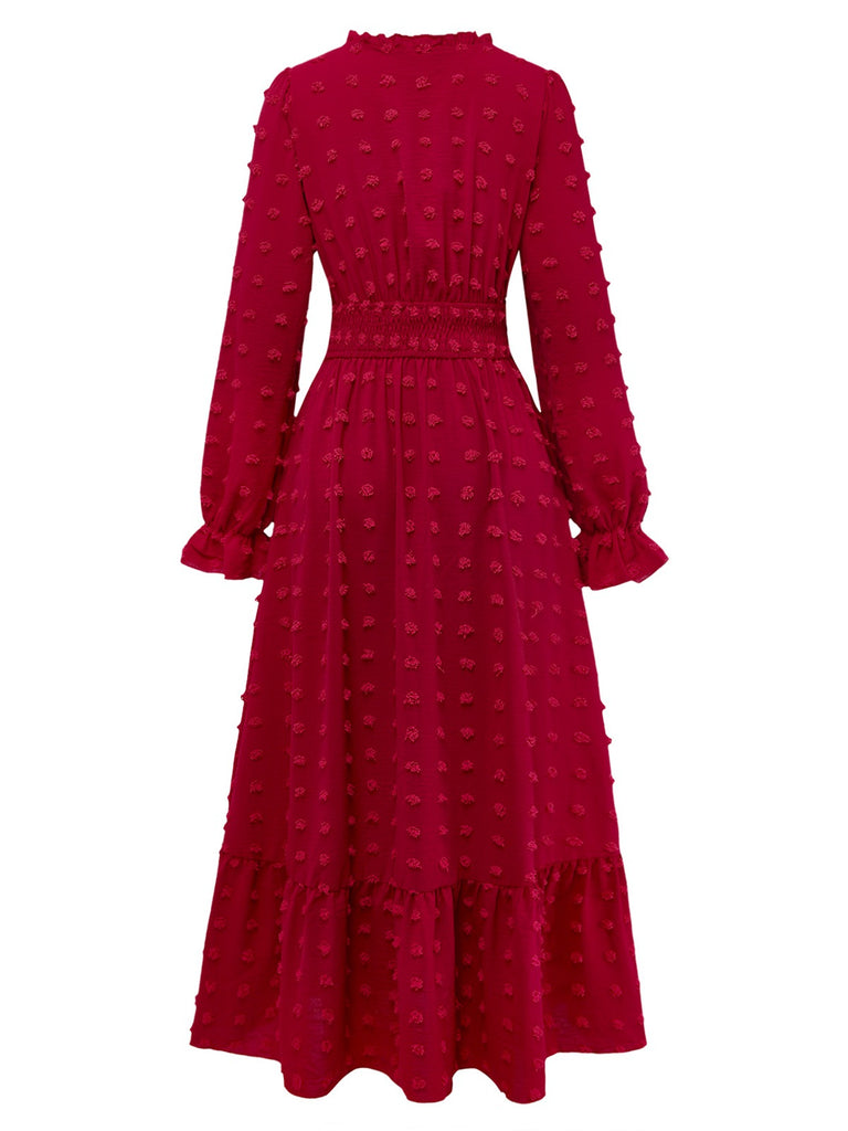 1940s Wrinkle V-Neck Lantern A-Line Dress