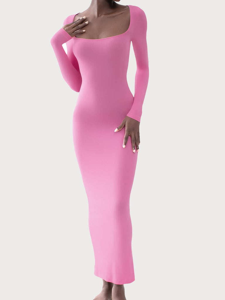 Pink 1980s Square-Neck Long-Sleeve Ribbed Knit Maxi Dress