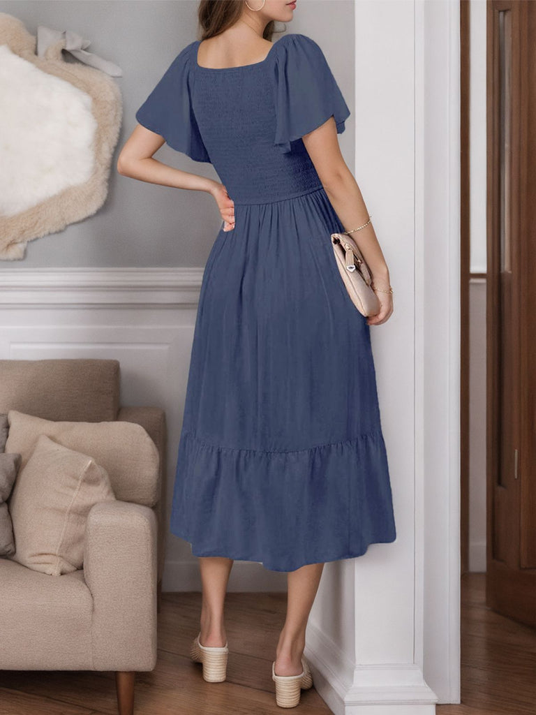 1940s Solid Pleating V-neck Flounce A-line Dress