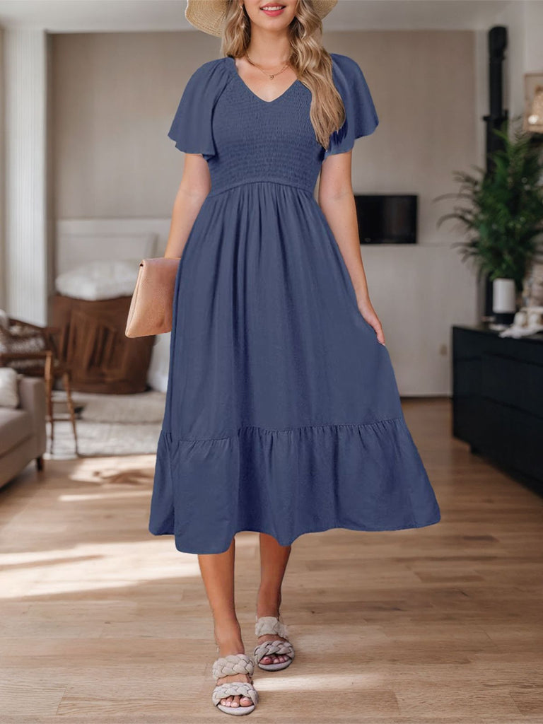 1940s Solid Pleating V-neck Flounce A-line Dress