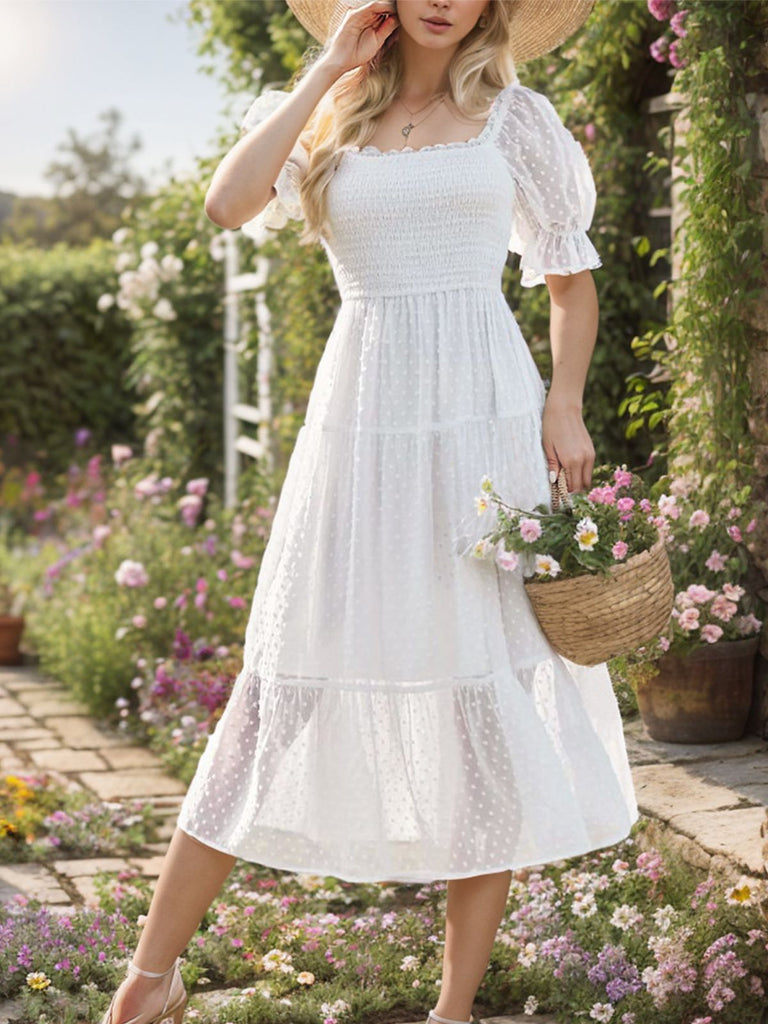 White 1970s Dot Square-Neck Puff-Sleeve Midi Dress