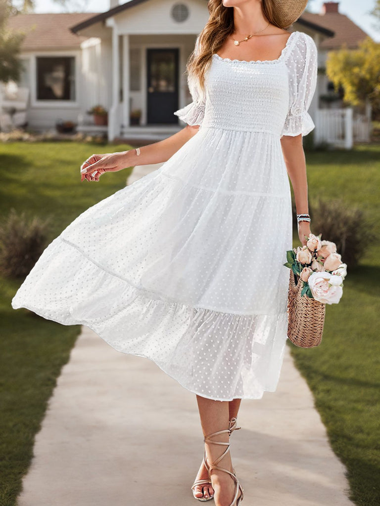 White 1970s Dot Square-Neck Puff-Sleeve Midi Dress