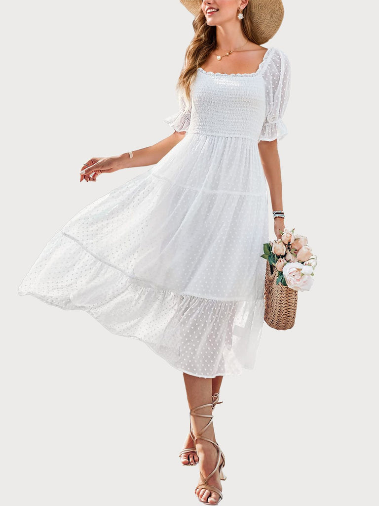 White 1970s Dot Square-Neck Puff-Sleeve Midi Dress