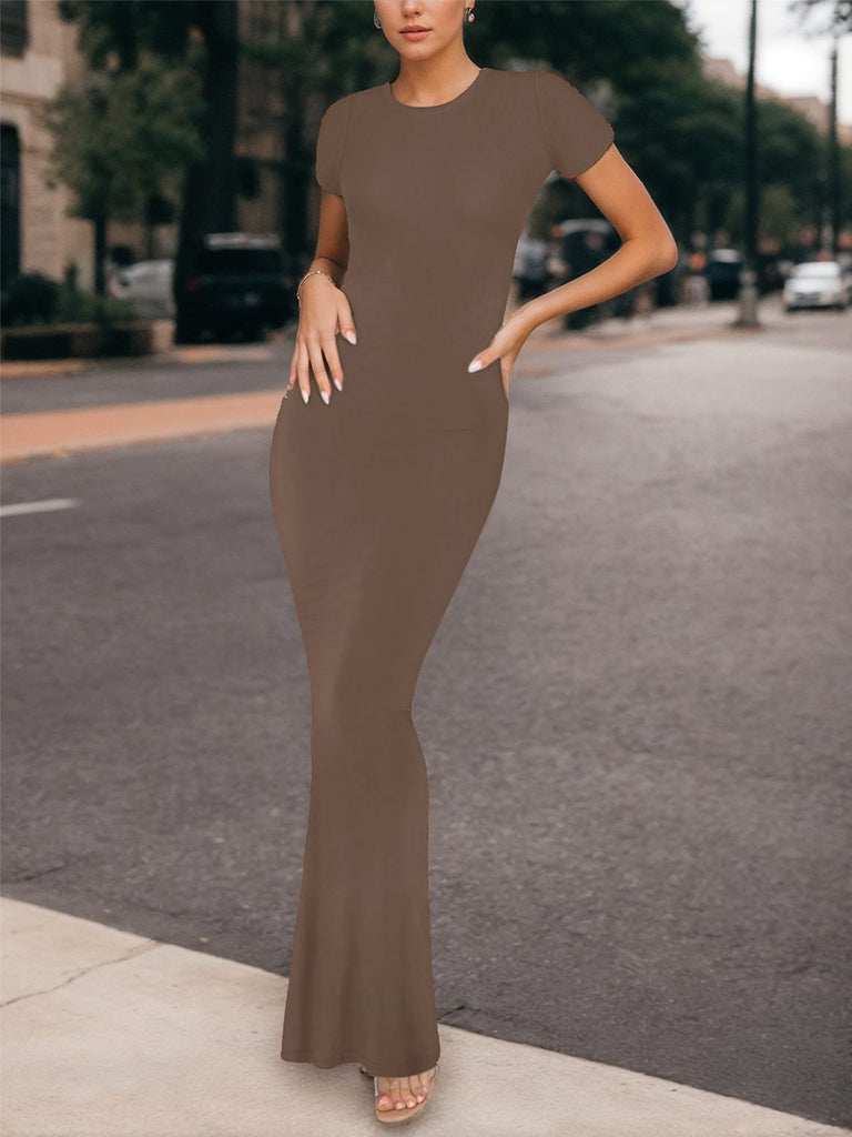 Y2K Solid Round Neck Long Bodycon Dress