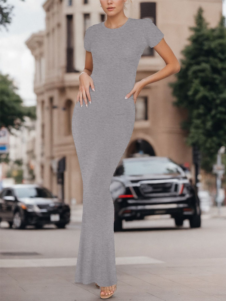 Y2K Solid Round Neck Long Bodycon Dress