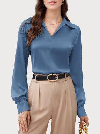 Blue 1980s Lapel Satin Long Sleeve Blouse