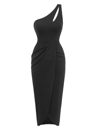 1960s Wrinkle One-Shoulder Surplice Knit Pencil Dress