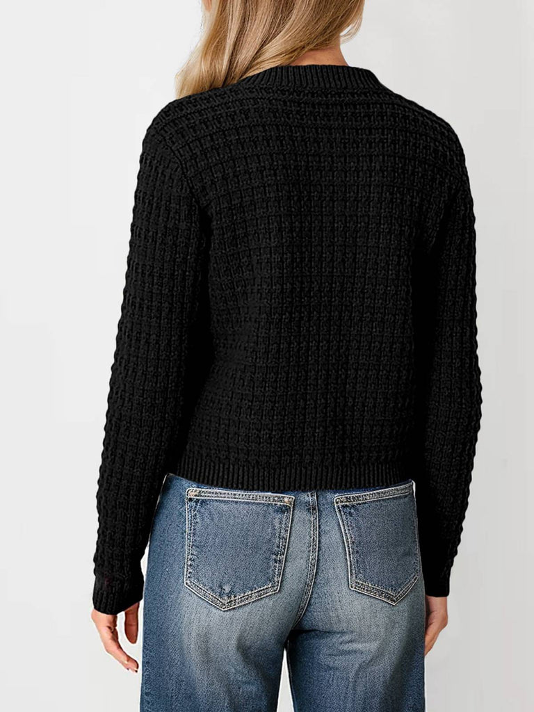 1940s Round Neck Long Sleeve Faux-Woolen Cardigan