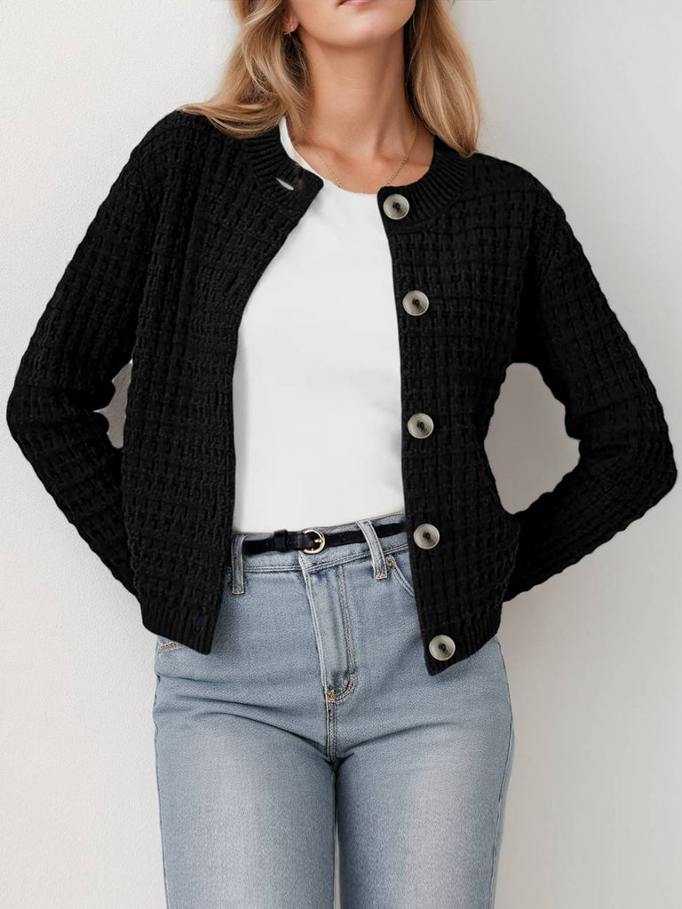 1940s Round Neck Long Sleeve Faux-Woolen Cardigan