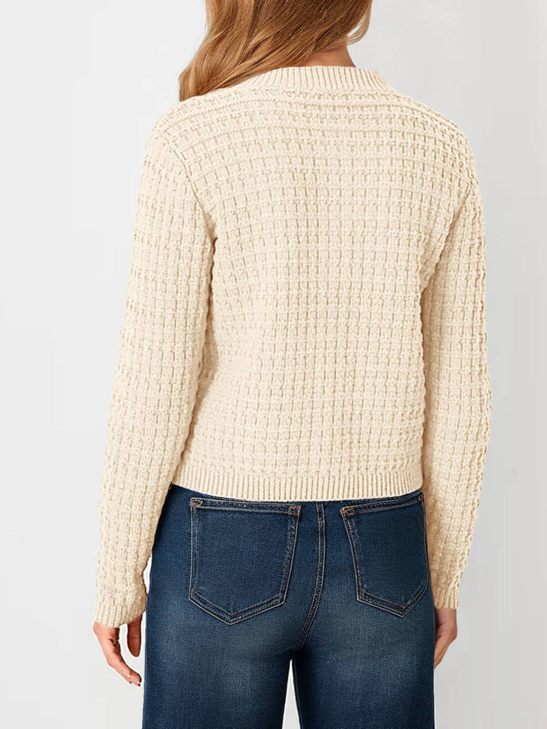 1940s Round Neck Long Sleeve Faux-Woolen Cardigan