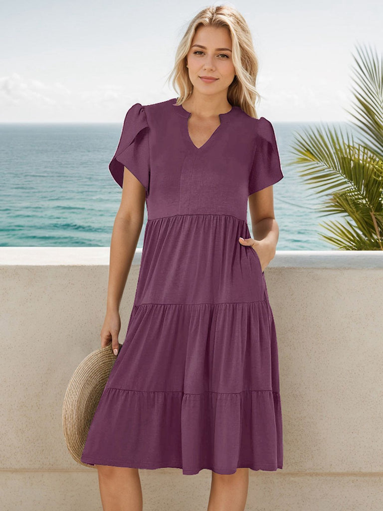Purple 1970s Wrinkle V-neck Short Sleeve Dress
