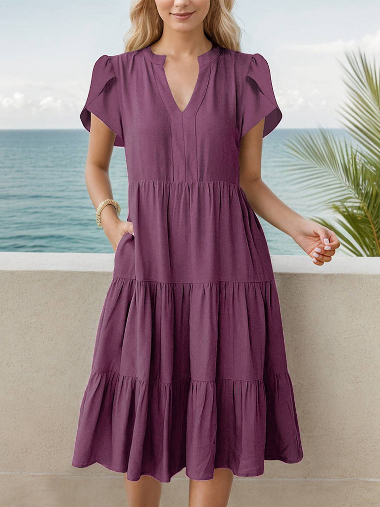 Purple 1970s Wrinkle V-neck Short Sleeve Dress