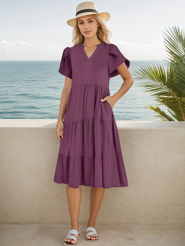 Purple 1970s Wrinkle V-neck Short Sleeve Dress