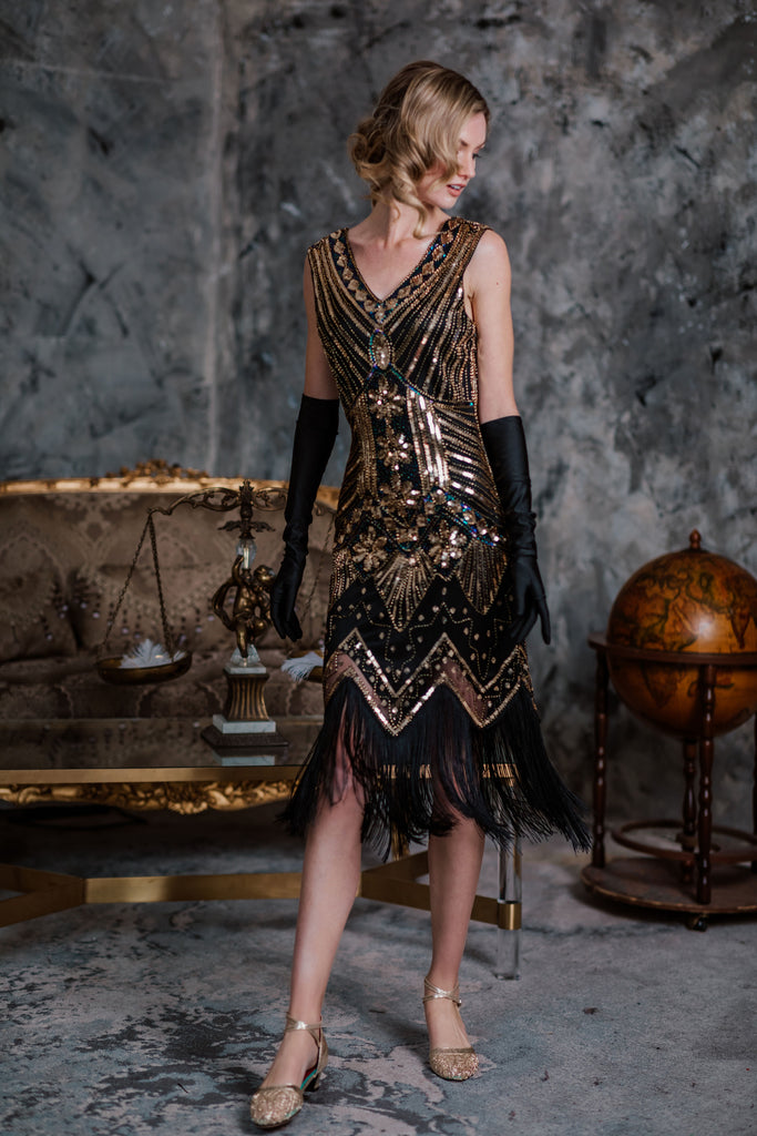 Dark 1920s Sequined Flapper Dress, classic 1920s style elegant retro fashion - Image 16