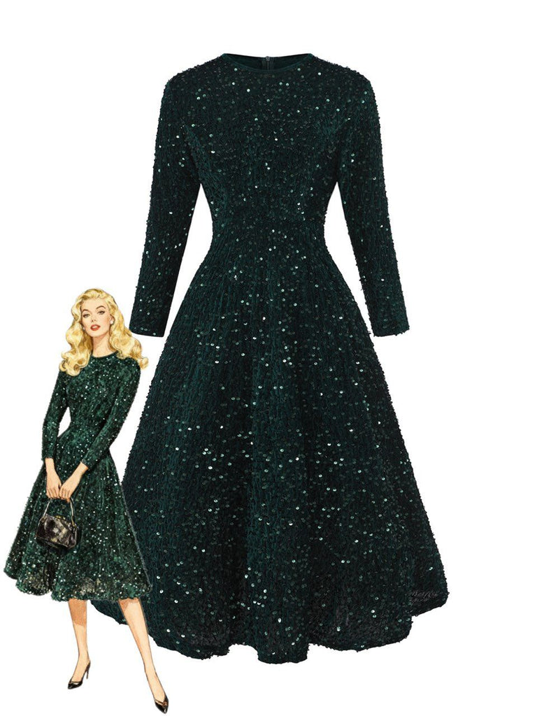 Dark 1940s Solid Sequins Long Sleeve Maxi Dress - vintage dress, retro fashion