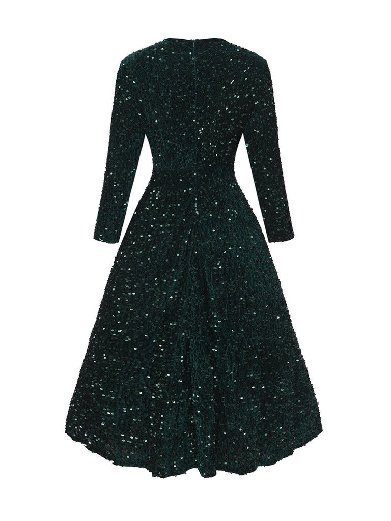 Dark 1940s Solid Sequins Long Sleeve Maxi Dress - vintage dress, retro fashion