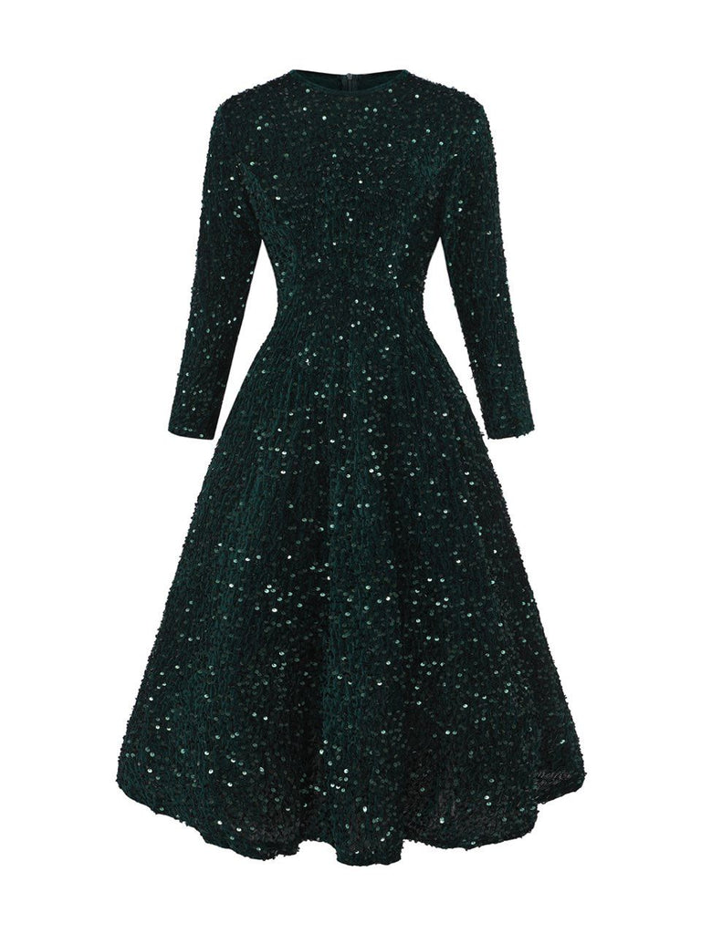 Dark 1940s Solid Sequins Long Sleeve Maxi Dress - vintage dress, retro fashion