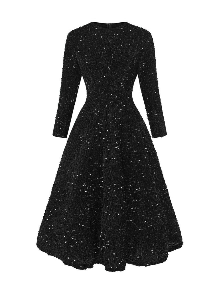 Dark 1940s Solid Sequins Long Sleeve Maxi Dress - vintage dress, retro fashion
