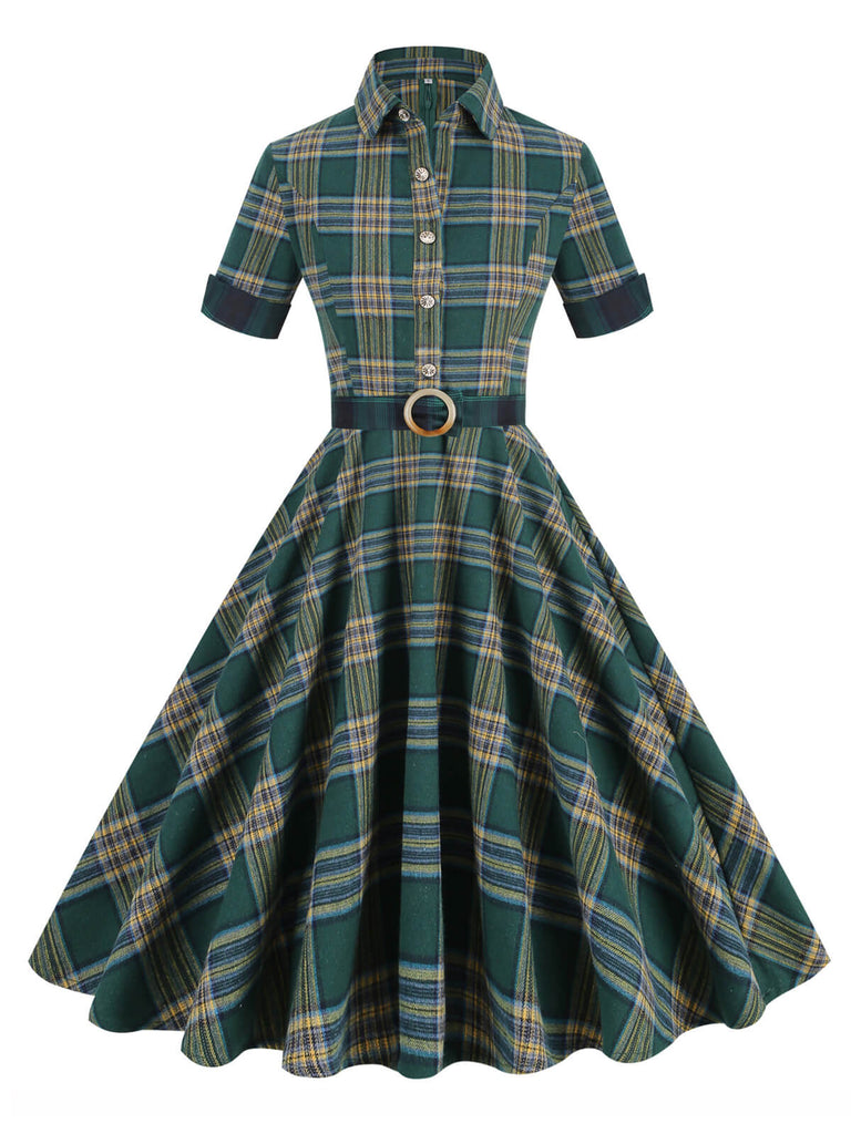 She slips into this Dark Army Green 1950s Lapel Plaid Dress and suddenly it's a 1950s daydream