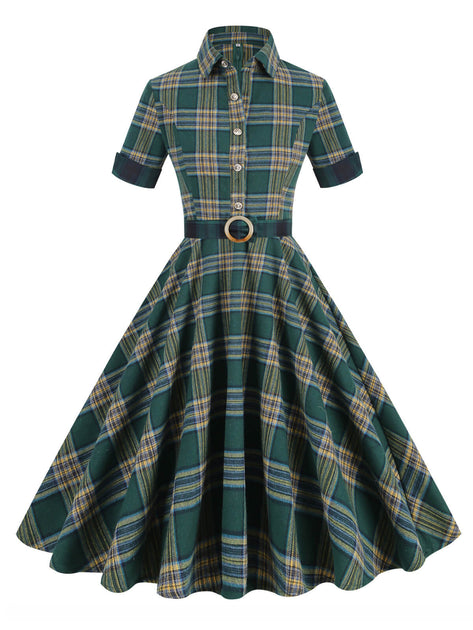 green plaid dress with white collar Vintage Late 1950's Green Plaid Secretary Dress with Linen Collar, Double  Rows of Buttons Front and Back with Matching Belt by Smartcraft