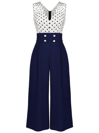 She finds her 1930s story in this Dark Blue 1930s Polka Dot Patchwork Jumpsuit
