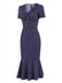 Navy polka dot dress with Ruffled-Collar details on a white background