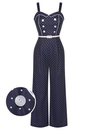 Dark Blue 1930s Polka Dots Straps Jumpsuit, vintage romper, retro jumpsuit - perfect for women who love vintage and retro fashion