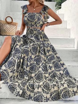 Dark Blue 1930s Print Spaghetti Strap Skirt Set - vintage skirt, retro style