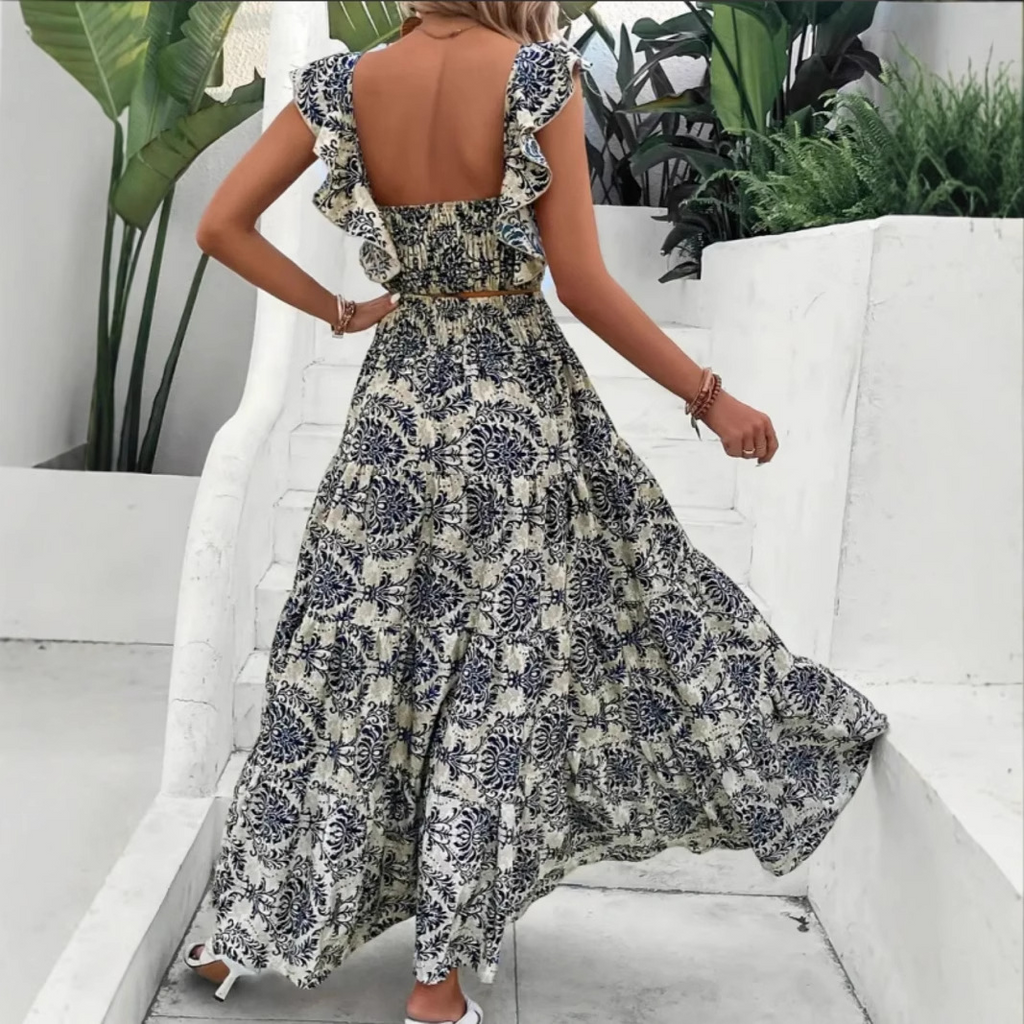 2PCS 1970s Square-Neck Floral Flutter Sleeve Top & Maxi Skirt - vintage skirt, retro style for vintage lovers