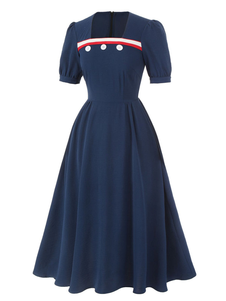 Dark Blue 1930s Square Neck Button Puff Dress