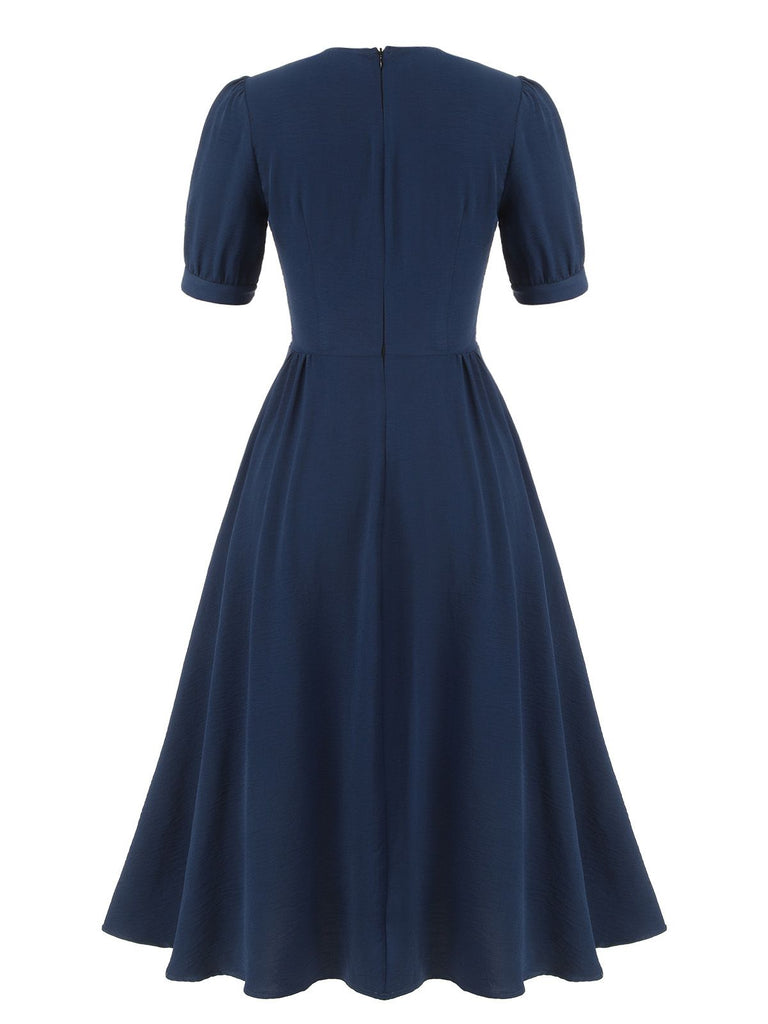 dark blue square neck dress Vintage Square Neck Button Puff Dress Dark Blue