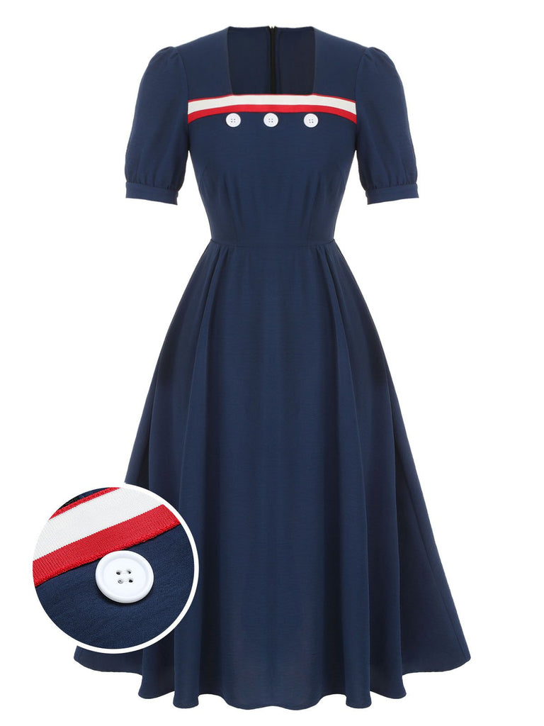 Dark Blue 1930s Square Neck Button Puff Dress Dark Blue 1930s Square Neck Button Puff Dress