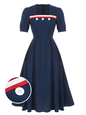 Dark Blue 1930s Square Neck Button Puff Dress, vintage dress, retro fashion - perfect for women who love vintage and retro fashion