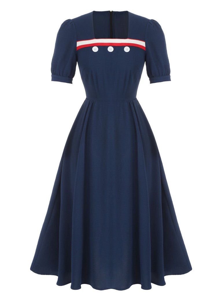 Dark Blue 1930s Square Neck Button Puff Dress | Retro Stage Dark Blue 1930s Square Neck Button Puff Dress | Retro Stage