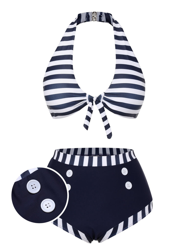 Dark Blue 1930s Stripes Halter Buttons Swimsuit, vintage swimsuit, pin-up swimwear - perfect for women who love vintage and retro fashion
