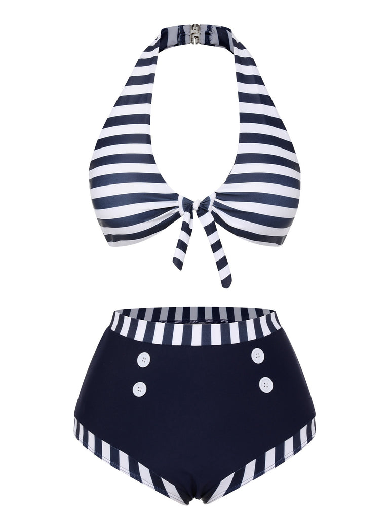 Dark Blue 1930s Stripes Halter Buttons Swimsuit, vintage swimsuit, pin-up swimwear - perfect for women who love vintage and retro fashion
